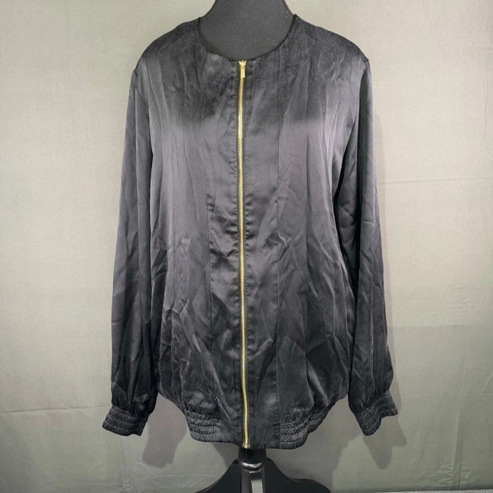 Silk Laundry Women M Jacket 100% Silk Bomber Quiet Luxury Minimalist Coat Black